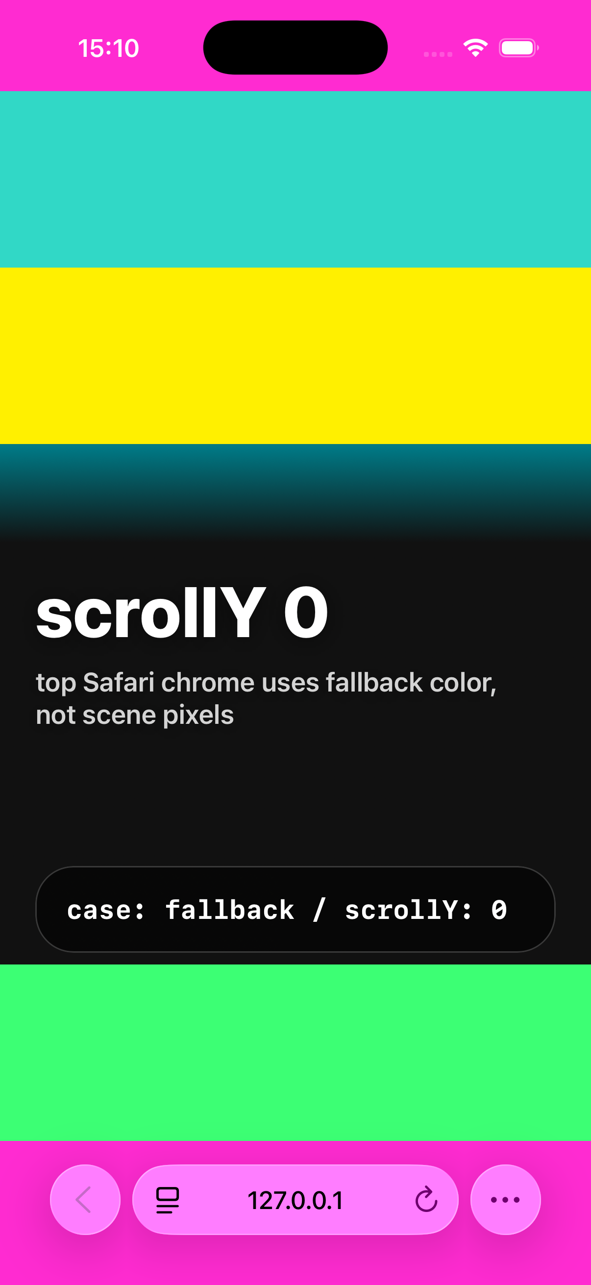 iOS 26 Safari at scrollY 0 showing a magenta fallback color behind the top status bar while cyan page content starts below it
