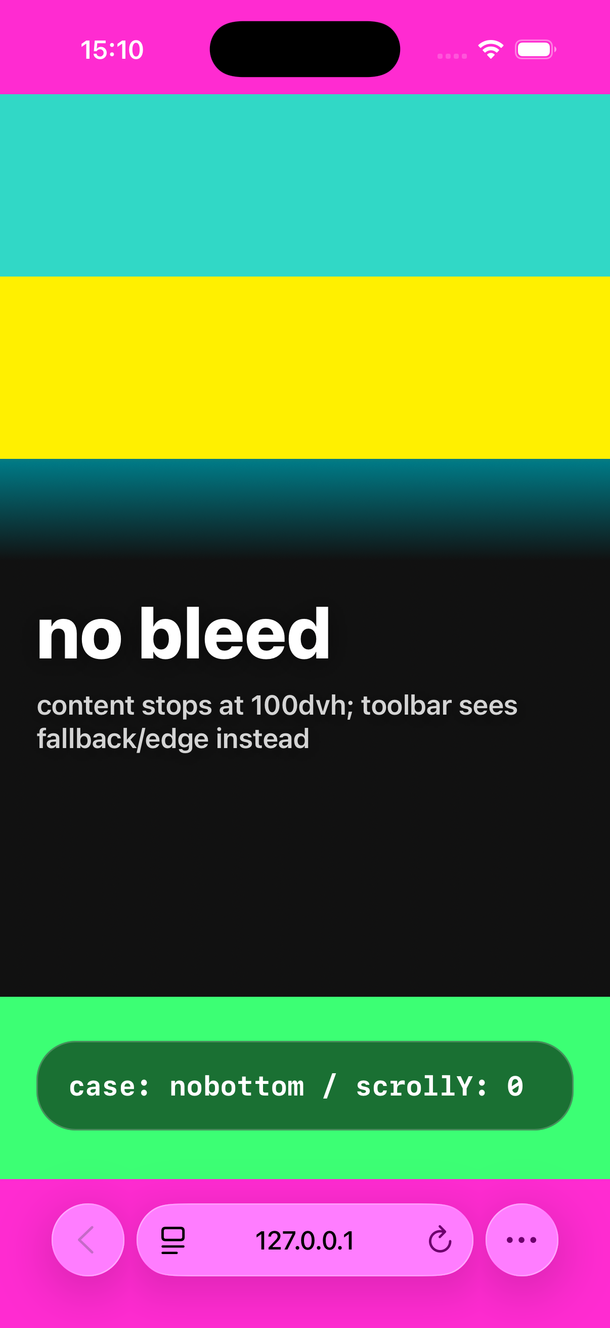 iOS 26 Safari page without bottom media bleed showing the bottom toolbar over fallback color after the content stops at 100dvh