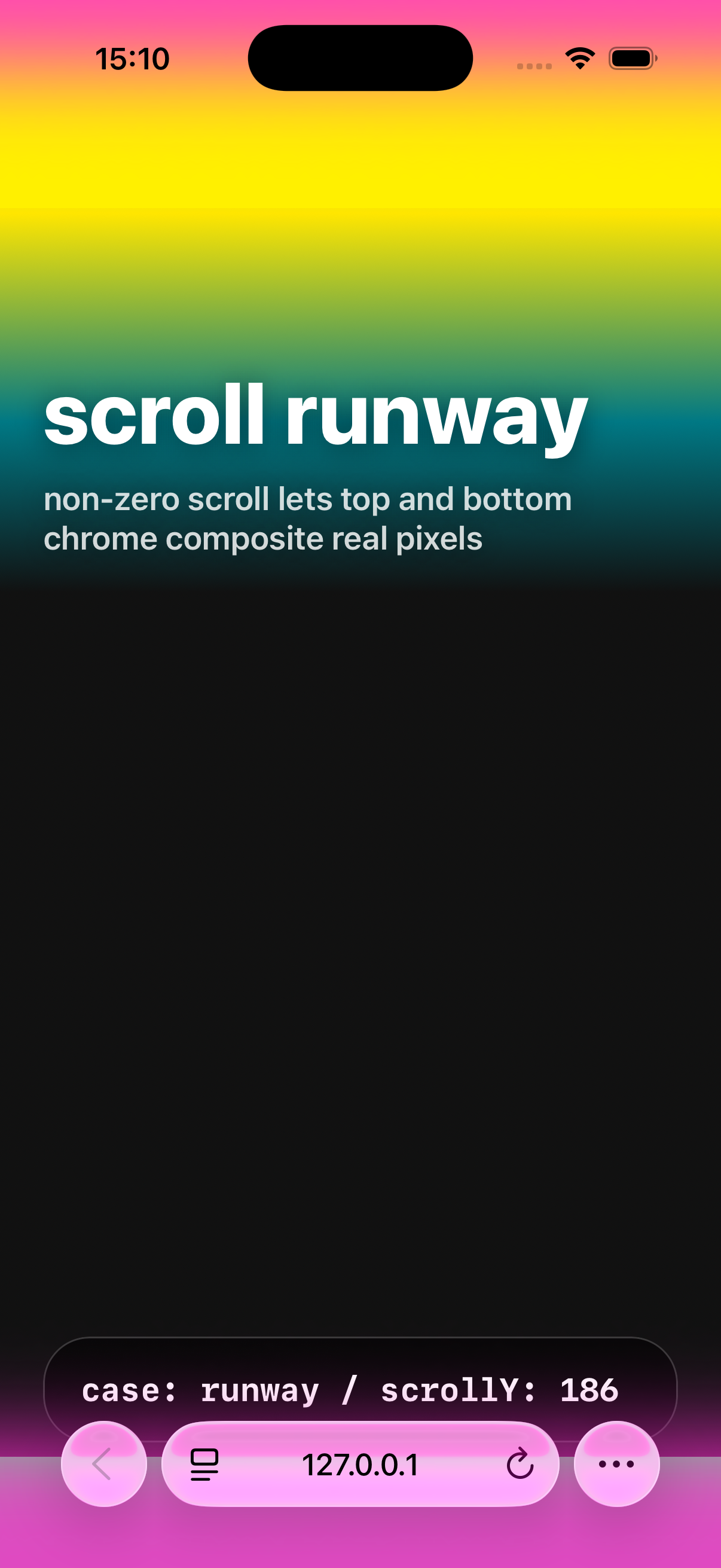iOS 26 Safari with a scroll runway showing real gradient page pixels behind the top status bar and bottom toolbar